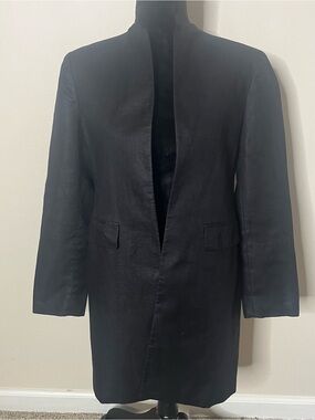 Lauren Ralph Lauren Women’s Black Linen Long Open Front Flap Pocket Jacket Sz 4P